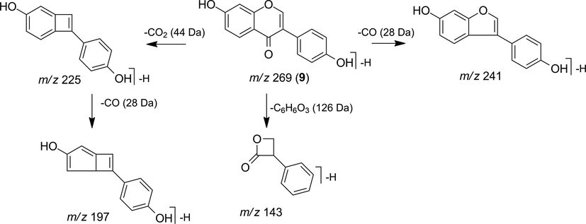 Fragmentation proposal for genistein (9).