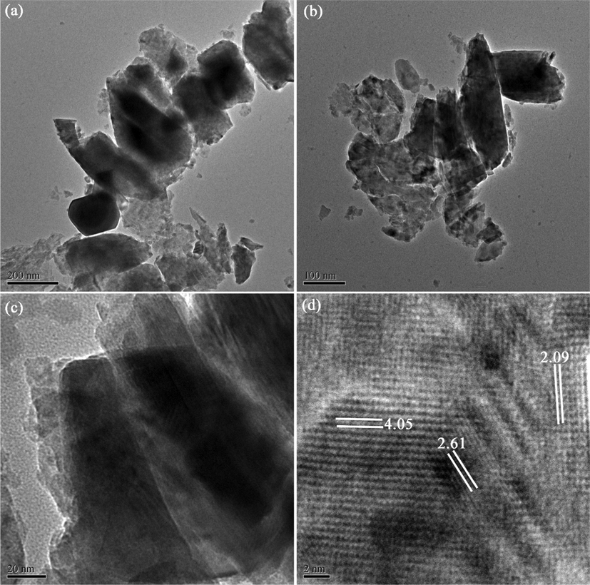 (a–c) TEM and (d) HRTEM images of optimized LiBNi synthesized via EDTA-improved pechini sol–gel method.