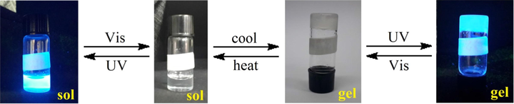 Thermally reversible fluorescent organogel 4b in n-butanol as described by the ‘‘stable to inversion’’ practice; the solution of 4b in n-butanol (1.86 mM) was heated to ∼ 117 °C and then cooled to room temperature; Vis represents visible light and UV represent ultraviolet light; both solution and organogel states were represented by Sol and Gel, respectively.