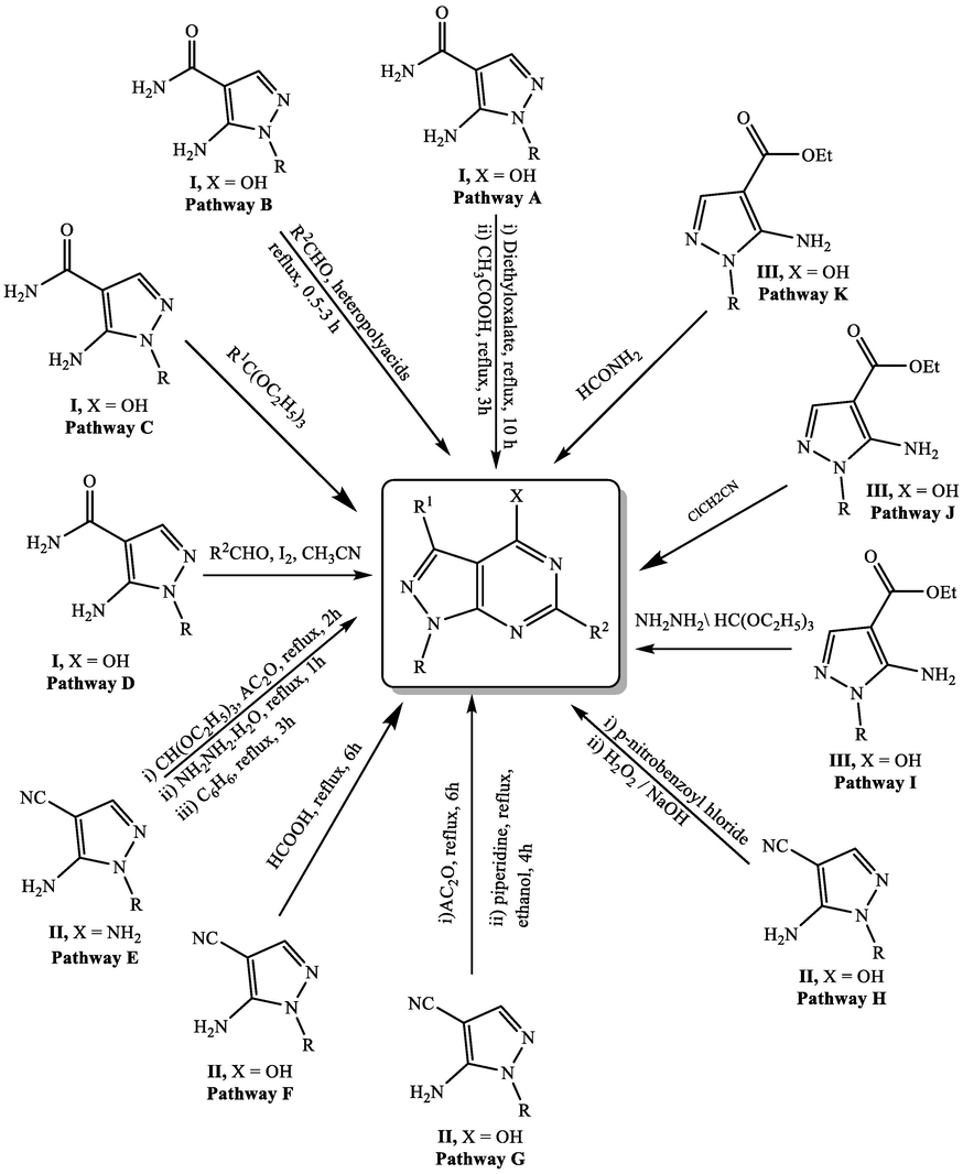 Synthetic strategies for pyrazolopyrimidines starting from substituted pyrazoles.