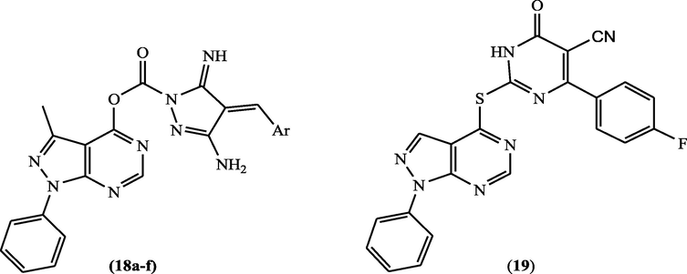 Structure of pyrazolopyrimidine derivatives 18a-f and 19 as EGFR inhibitors.