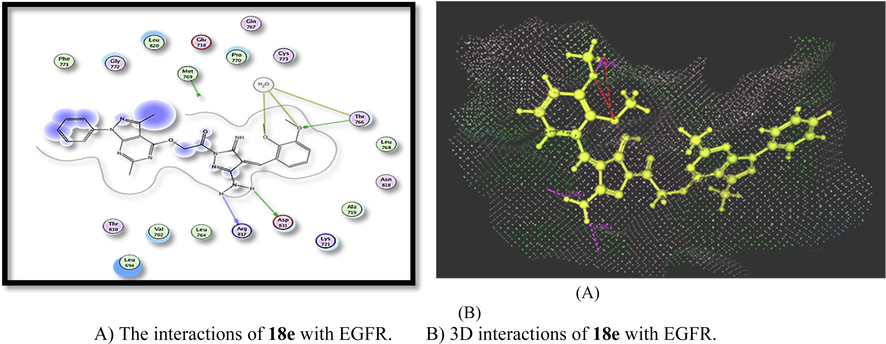 A) The interactions of 18e with EGFR. B) 3D interactions of 18e with EGFR.