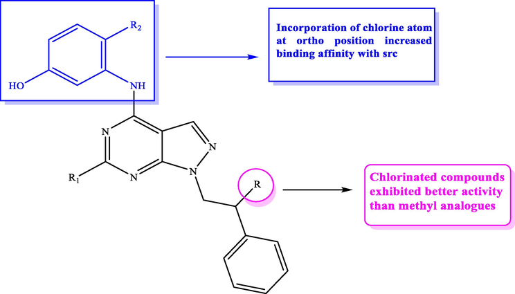 SAR studies of pyrazolopyrimidines 27a-f as Src Kinase suppressors.