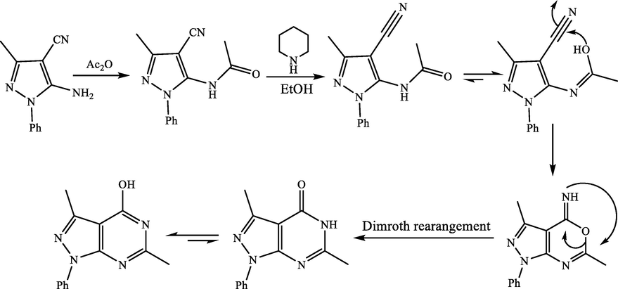 Mechanism of pyrazolopyrimidine formation.