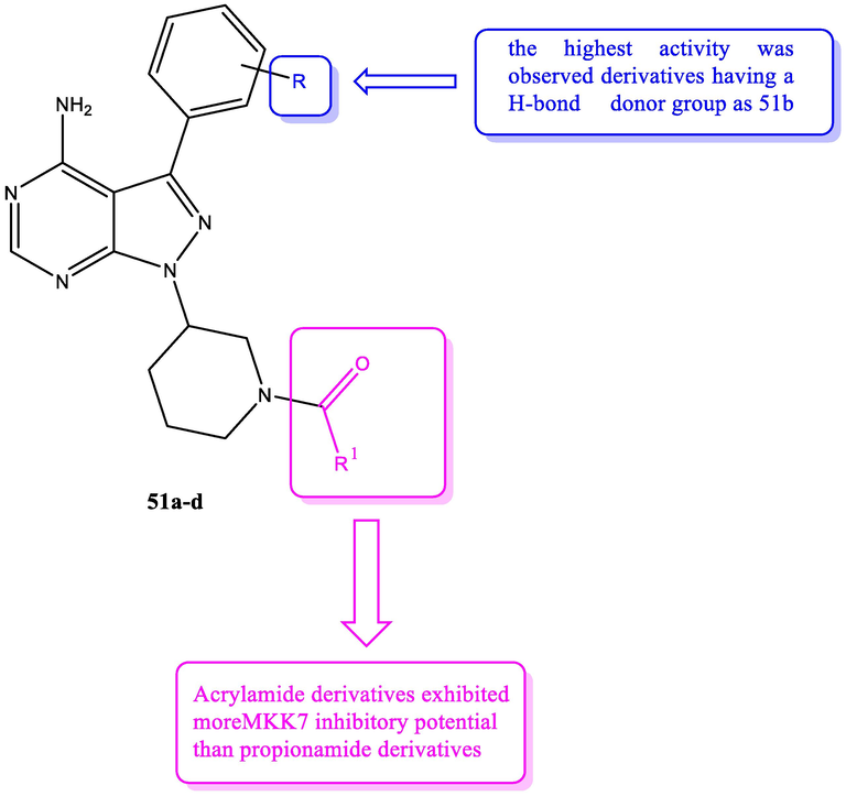 SAR study of pyrazolopyrimidines 51a-d with MKK7 inhibitory effect.