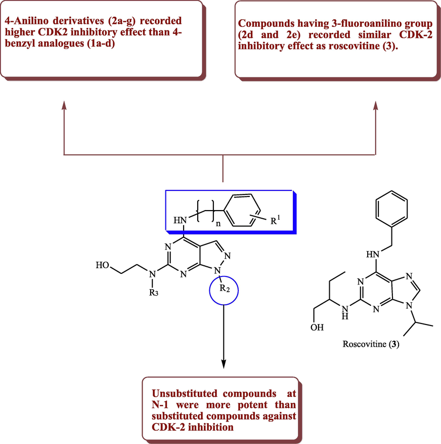 Substitution effect and SAR of some pyrazolopyrimidines with CDK-2 inhibitory potential.