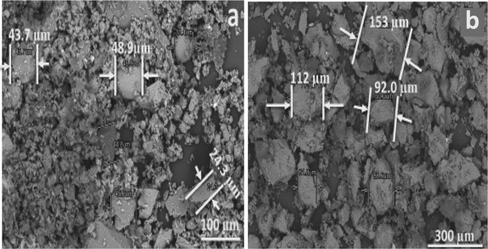 SEM images of EFBA showing shapes and sizes (a) untreated having spherical, angular and spherical shapes with small particle sizes and (b) treated at 1100 °C having larger particle sizes.