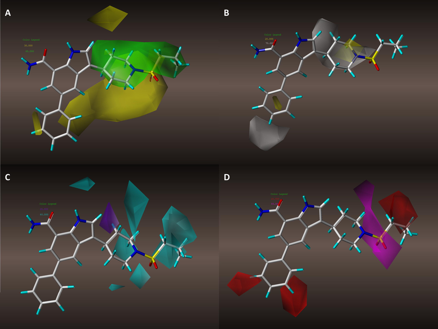 Contour maps in combination with Molecule 29: (A) steric contour maps of model #8; (B) hydrophobic contour maps of model #8; (C) Hydrogen bond donor contour maps of model #8; (D) Hydrogen bond acceptor contour maps of model #8.