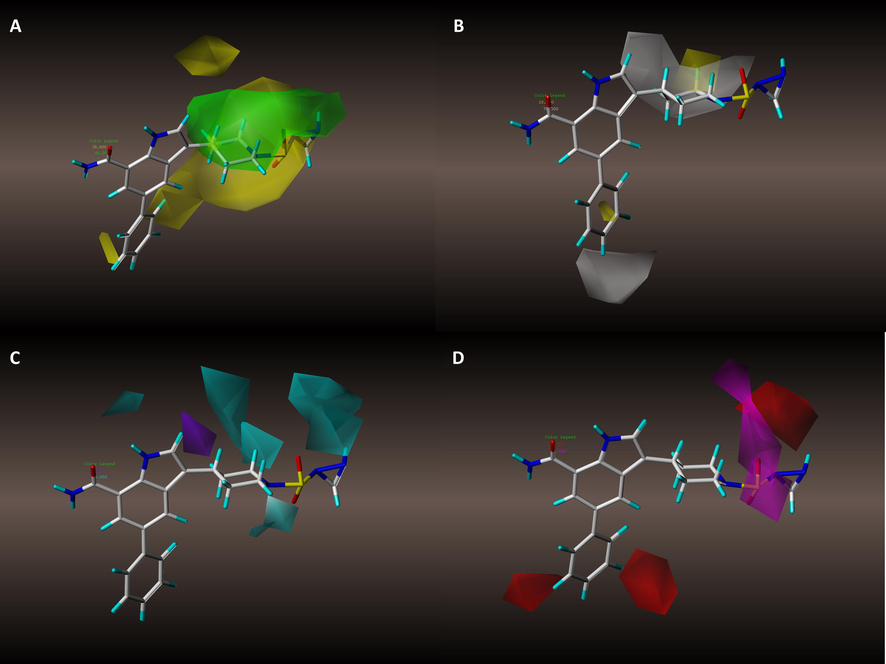 Contour maps in combination with compound 21MX007. (A) Steric contour maps of model #8. (B) Hydrophobic contour maps of model #8. (C) H-bond donor contour maps of model #8. (D) H-bond acceptor contour maps of model #8.