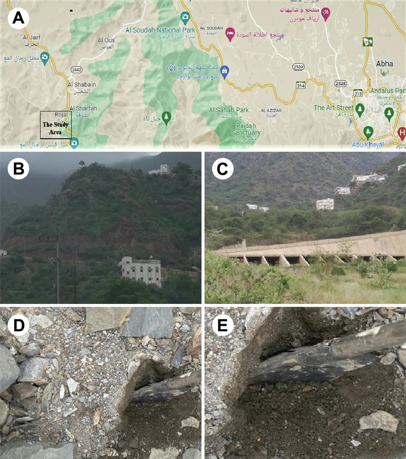 The Study area. (A) Rijal Alma region is located 45 km west of the city of Abha, that coordinates N 2015840.65 and E 211634.87 which is a mountainous area bordered to the east by Al-Souda Center, and from the North Muhayil Asir province; (B & C) The view of hills in Rijal Alma from soil collection point; (D) The soil was collected by digging at 10 to 12 cm depth by using Axe cutter; (E) The Depth of soil collection point.