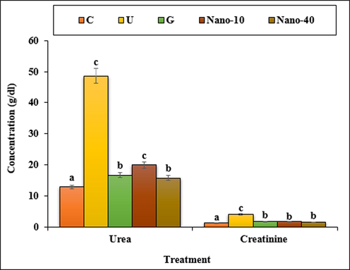 The levels of urea and creatinine in the experimental groups. C (Control), U (Untreated diabetic), G (Glibenclamide), Nano (CS/NaLS/Au nano bio-composite). Non-identical letters indicate a significant difference between the groups (p < 0.05).