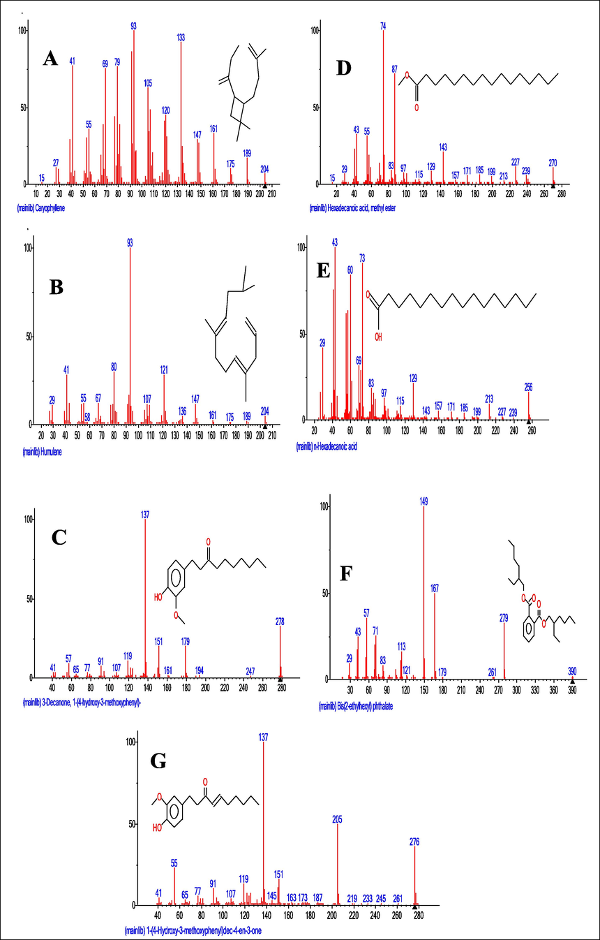 Mass spectrum and structures of compounds identified in the ethyl acetate (A-D) and n-butanol (E-G) fractions of M. lucida. A = Mass spectrum and structure of caryophyllene identified in the ethyl acetate fraction. B = Mass spectrum and structure of Humulene identified in the ethyl acetate fraction. C = Mass spectrum and structure of 3-decanone, 1-(4-hydroxy-3-methoxyphenyl) identified in the ethyl acetate fraction. D = Mass spectrum and structure of hexadecanoic acid, methyl ester identified in the ethyl acetate fraction. E = Mass spectrum and structure of hexadecanoic acid identified in the n-butanol fraction. F = Mass spectrum and structure of 3-decanone,1-(4-hydroxy-3-methoxyphenyl) identified in the n-butanol fraction. G = Mass spectrum and structure of 1-(4-hydroxy-3-methoxyphenyl)dec-4-en-3-one identified in the n-butanol fraction.