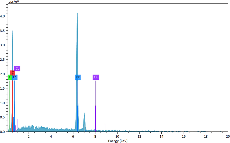 EDX spectrum of Cu-Hibiscus@Fe3O4 nanocomposite.