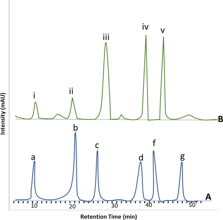 HPLC chromatograms of polysaccharides (A) QSM polysaccharides a: Mannose, b: Rhamnose, c: Glucose, d: Galactose, e: D-Xylose (B) Standard polysaccharides. i: Mannose, ii: Rhamnose, iii: Glucose, iv: Galactose, v: D-Xylose.