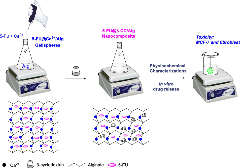 Study scheme and proposed formation mechanism for the 5-FU@β-CD/Alg nanocomposite.