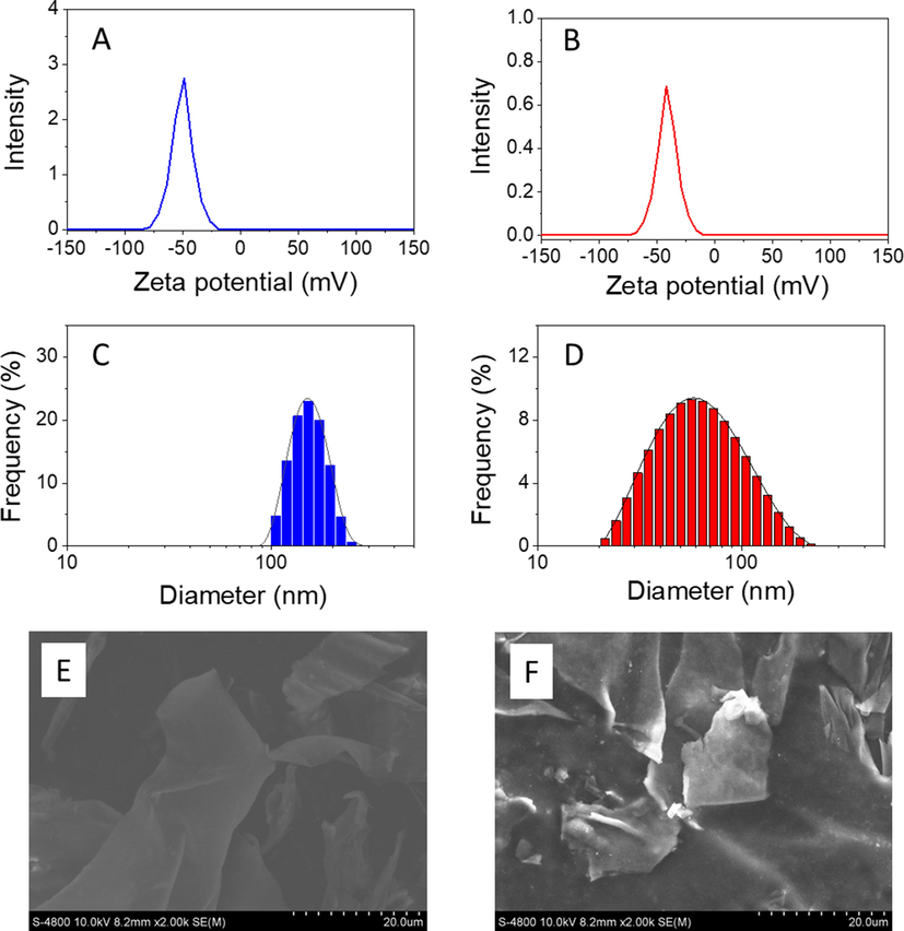 Zeta potential, dynamic light scattering and FESEM images of an aqueous solution of β-CD/Alg (A, C & E) and 5-FU@β-CD/Alg nanocomposite (B, D & F).