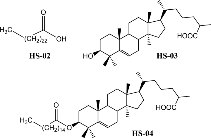 Chemical structures of isolated compound lignoceric acid (HS-02), lanost-5- en-3β-ol- 26-oic acid (HS-03). lanost-5-en-26-oic acid-3β-olyl palmitate (HS-04).