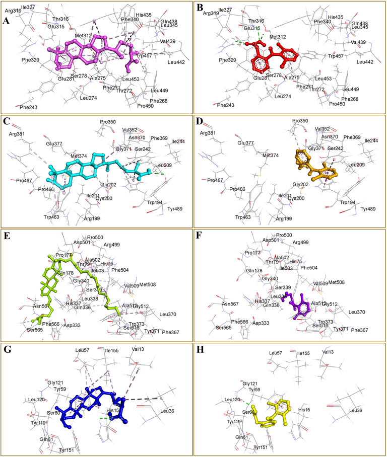 Three-dimensional conformations of the docked compound HS-03 (A, C, E and G) and diclofenac (B, D, F and H) against galectin-3 (A-B), iNOS (C-D), and TNF-α (E-F). Docked compounds HS-04 and diclofenac in complex with COX-2 are presented in panels G and H, respectively. All docked compounds are shown as ball and stick style whereas binding site residues are represented as lines. Non-bond interactions are displayed as broken green (hydrogen bonds) and purple (hydrophobic) lines.