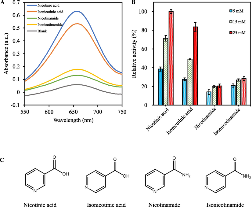 The peroxidase-like activity of different small molecules. (A) The relative peroxidase-like activity of different small molecules under varied concentrations; (B) The absorption spectra of different peroxidase mimic catalyzed system; (C) The chemical structure of different small molecules.