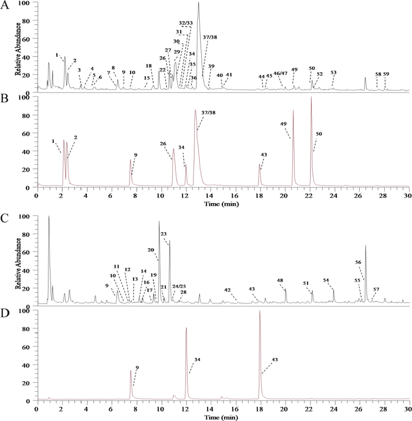 Total ion current diagram of non-volatile components in Xin-Su-Ning capsules (A: positive ion mode Xin-Su-Ning capsules extract TIC; B: positive ion mode reference substance TIC; C: negative ion mode Xin-Su-Ning capsules extract TIC; D: negative ion mode reference substance TIC).