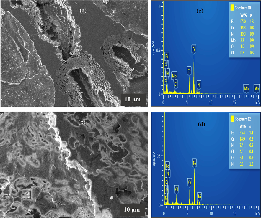 SEM–EDX surface images (×1000) for SS316L stainless steel after corrosion in 1 M HCl at 60 °C (a,c) without and (b,d) with 2000 ppm 1-benzylimidazole + 1 mM KI.