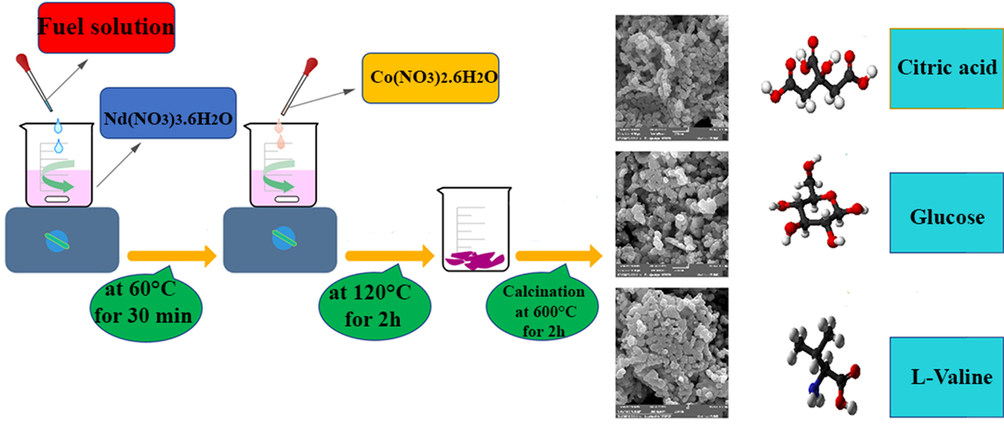 Schematic of the formation of NdCoO3 nanostructures by different fuels.