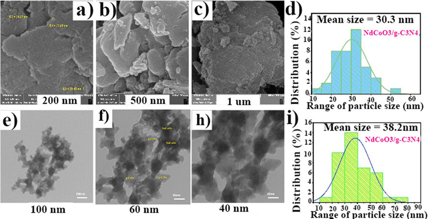 FE-SEM and TEM images of prepared NdCoO3/g-C3N4 nanocomposite corresponding average particle size histogram.