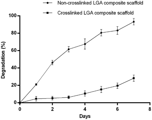 Matrix degradation of LGA composite non-crosslinked and crosslinked scaffolds from day 1 to 7 in phosphate buffer pH 7.4 at 37⁰C, showing non-crosslinked scaffold degraded progressively for seven days. Contrary to this, the crosslinked scaffold degradation rate decreased greatly, indicating enhanced resistance to the enzymatic degradation.