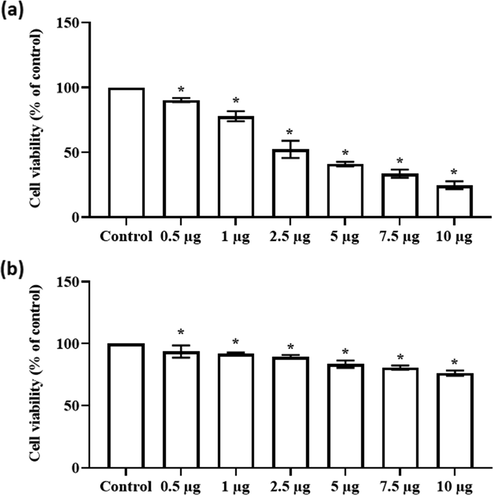 Effect of synthesized CSP-Cr-NCs on the viability of KYSE-150 and Het-1A cells. The treatment with formulated CSP-Cr-NCs at different doses such as 0.5–10 µg effectively inhibited the KYSE-150 cell growth (a). The same dose of CSP-Cr-NCs did not affected the viability of normal Het-1A cells (b). The IC50 dose was observed at 2.5 µg against KYSE-150 cells. Data were displayed as mean ± SD of triplicate assays. Results were evaluated statistically by one-way ANOVA and Duncan's multiple range assay. ‘*’ indicates p < 0.05 compared with control.