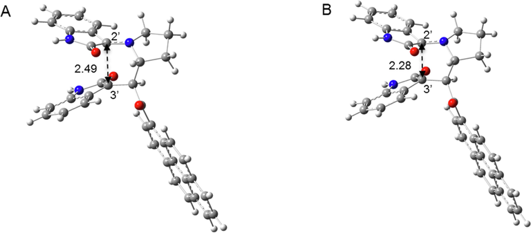 Optimized geometry of the thermodynamically stable intermediate (A) and the second transition state (B) in the exo-5a formation path. C2′⚌C3′ distances are shown with back dotted arrows.