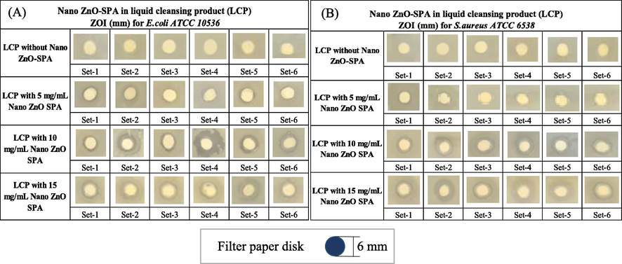 Antibacterial efficacy (ZOI) (A) liquid cleansing product with and without nano ZnO-SPA against E. coli (B) liquid cleansing product with and without nano ZnO-SPA against S. aureus.