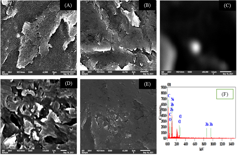 (A-E) SEM imaging and (F) EDAX-based elemental assessment of soap matrix infused with ZnO-SPA nano system.