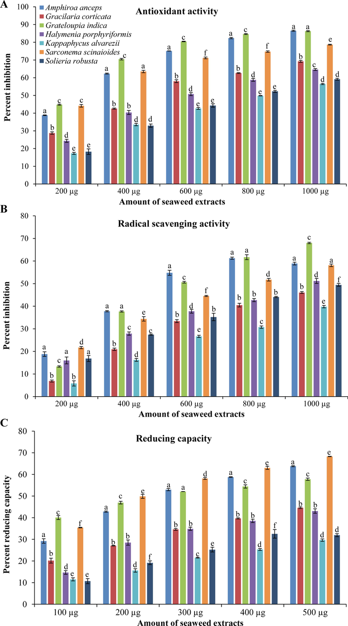 Different biological activities of selected tropical red seaweeds. (A) Total antioxidant, (B) scavenging, and (C) reducing activity. All activities are shown as mean ± SD (n = 3) and different small letters show a statistically significant difference at p < 0.05 (Tukey test).