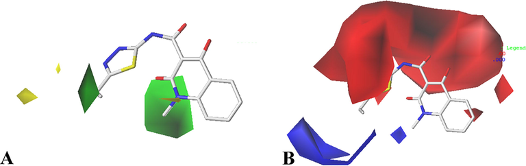 CoMFA contour maps in combination of Cpd01. (A) Steric contour maps, green and yellow contours with 80% contribution and 20% contribution, respectively. (B) Electrostatic contour maps, blue and red contours with 80% contribution and 20% contribution, respectively.