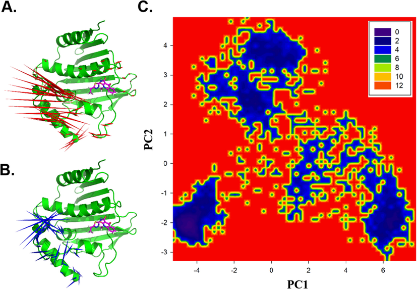 The ED, FEL of GyrB-Cpd29. (A) The ED derived from PC1. (B) The ED derived from PC2. Red and green arrows are proportional to the movement scale of the Cα atoms in GyrB. (C) The FEL on the same PC1&PC2 defined subspace of GyrB-Cpd29.