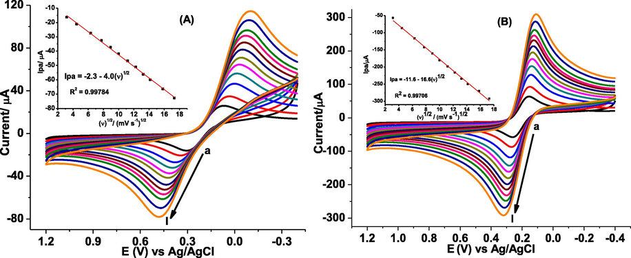 CVs of (A) bare GCE and (B) poly(DPASA)/GCE in pH 7.0 PBS containing 10.0 mM Fe(CN)63−/4− and 0.1 M KCl at various scan rates (a-l: 10, 20, 40, 60, 80, 100,125, 150, 175, 200, 250, and 300 mV s−1 respectively). Insets: plots of Ip vs ν1/2.