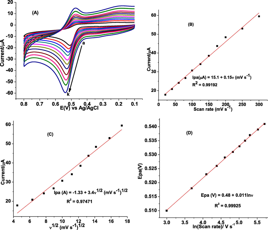 (A) CVs of poly(DPASA)/GCE in pH 2.0 PBS containing 1.0 mM GA at various scan rates (a–k: 20, 40, 60, 80, 100, 125, 150, 175, 200, 250, and 300 mV s– 1 respectively), (B) plot of Ip vs ν, (C) plot of Ip vs ν1/2, and (D) plot of log Ep vs lnν.