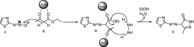 Plausible mechanism for synthesis pyrazole derivative by using Fe3O4 NPs.