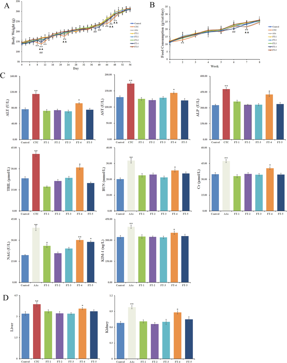 The body weights of rats (n = 10), compared with the control group: **Significant difference at CTC group p < 0.01 level; ▲▲Significant difference at AAs group p < 0.01 level; ##Significant difference at FT-4 group p < 0.05 level (A); The food consumption of rats, *Significant difference at CTC group p < 0.01 level; ▲▲Significant difference at AAs group p < 0.01 level; ##Significant difference at FT-4 group p < 0.05 level (B); The biochemical assays of rats, *p < 0.05, and **p < 0.01, relative to control group (C); The organ index of liver and kidney, *p < 0.05, and **p < 0.01, relative to control group (D).