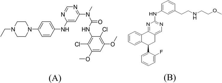 Structures of infigratinib (A) and derazantinib (IS, B) in this study.