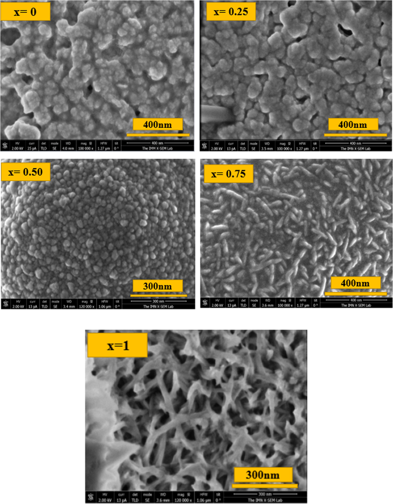 Morphology of the as-synthesized Cu2Fe1-xAlxSnS4 (CFATS) films (x = 0 – 0.25 – 0.50–0.75 and 1).