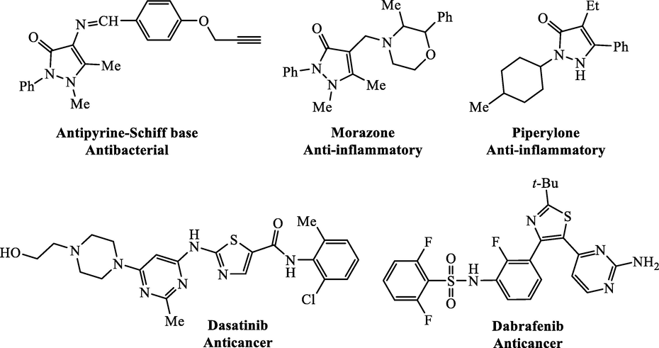 Selected biologically active antipyrine and thiazole structures.