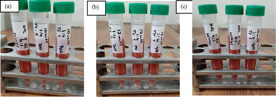 SeNPs Synthesized at (a) 10 mM, (b) 12 mM (c) 14 mM Concentrations of Na2SeO3.