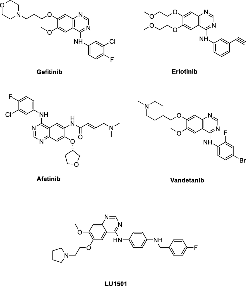 Chemical structures of representative quinazoline inhibitors and the target compound LU1501.