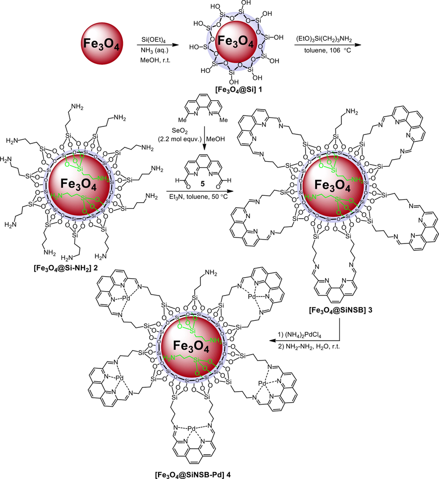 Synthesis of magnetically supported palladium nanocatalyst 4.