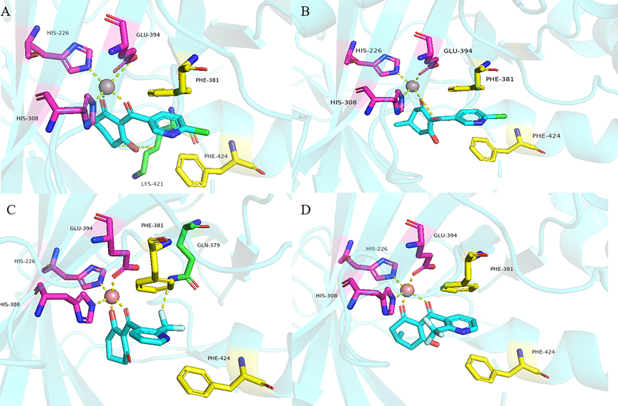 The QSAR dataset compounds molecular docking in active site (A) compound 1, (B) compound 3, (C) compound 5 and (D) compound 6.