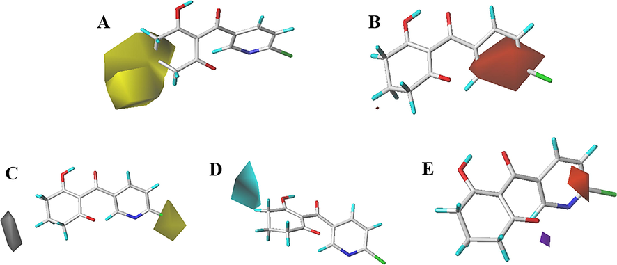 CoMSIA StDev*Coeff contour maps. (A) Steric, (B) Electrostatic, (C) Hydrophobic, (D) H-bond donor and (E) H-bond acceptor.