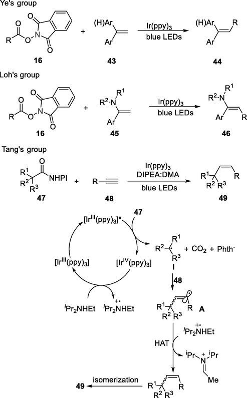 Photoinduced decarboxylative alkenylation of NHPI esters with alkenes or alkynes.