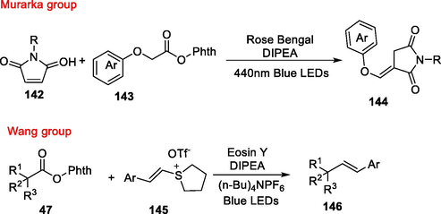 Decarboxylative alkenylation of NHPI esters.