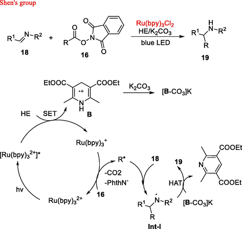 Decarboxylative radical addition of NHPI esters with aldimines.